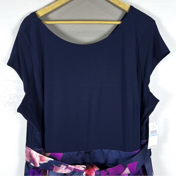Plus Size Fit & Flare High Low Midi Dress Floral Belted Cap Sleeve Navy 20W NWT - Picture 8 of 13